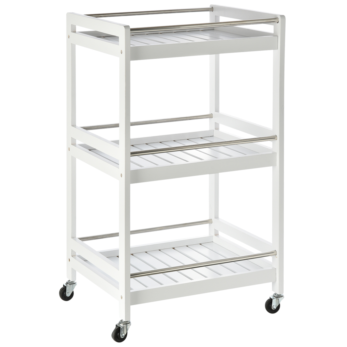 HOMCOM Pine Wood 3-Tier Kitchen Trolley with Four Wheels & Steel Handle – Storage Serving Cart, White