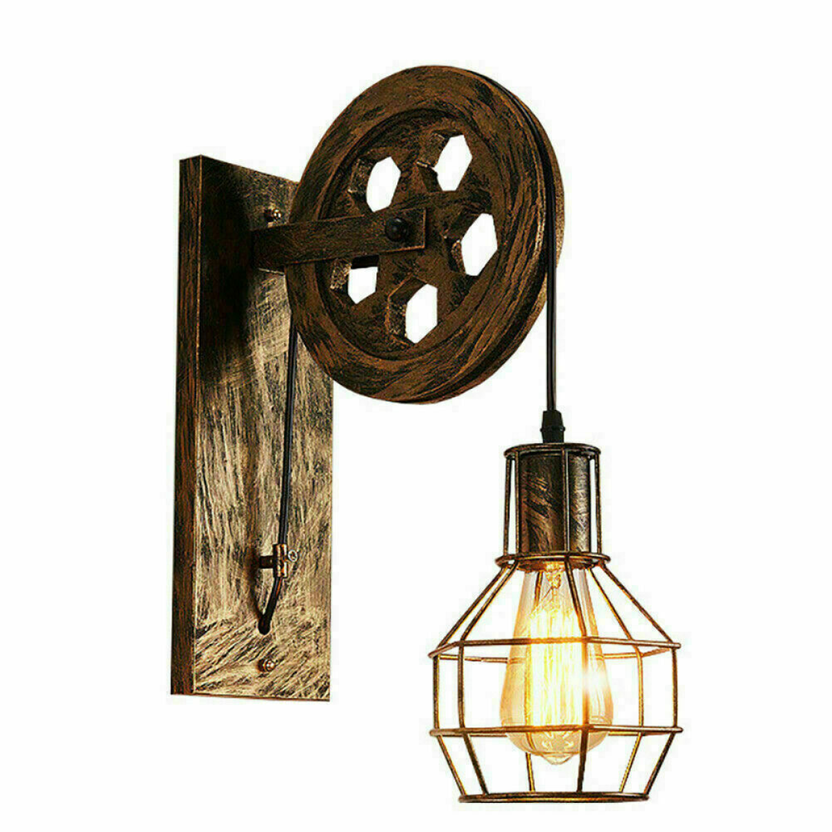 LEDSone Retro Pulley Wheel Cage Wall Light with E27 Holder & Adjustable Hanging Cable – Brushed Copper
