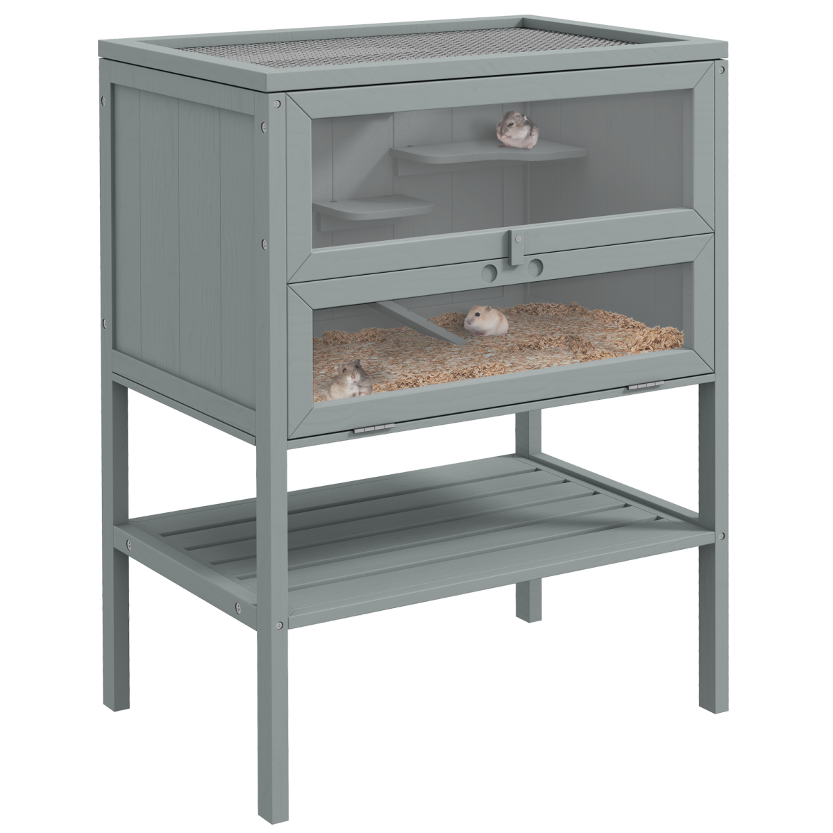 PawHut Wooden Hamster Cage with Storage Shelf & Openable Top – Multi-Platform Small Animal Habitat, Grey