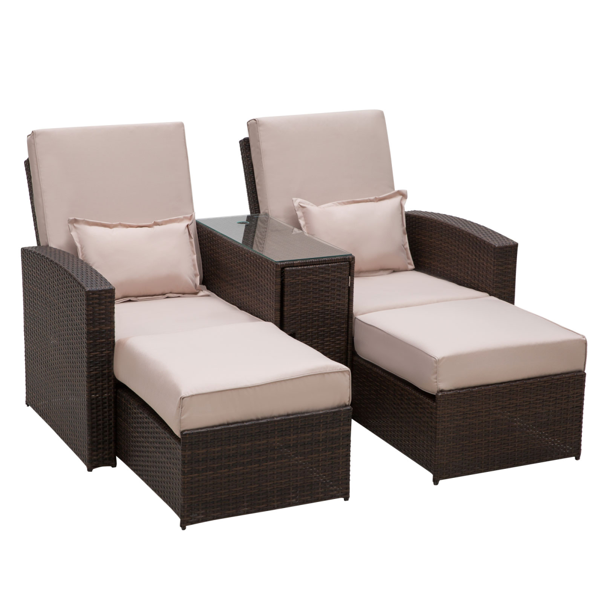 Outsunny double rattan sun lounger recliner with tea table, brown