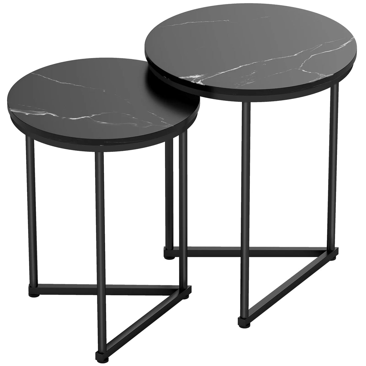 HOMCOM Set of Two Marble-Effect Nesting Tables with Black Steel Frames – Coffee and Side Tables, Black