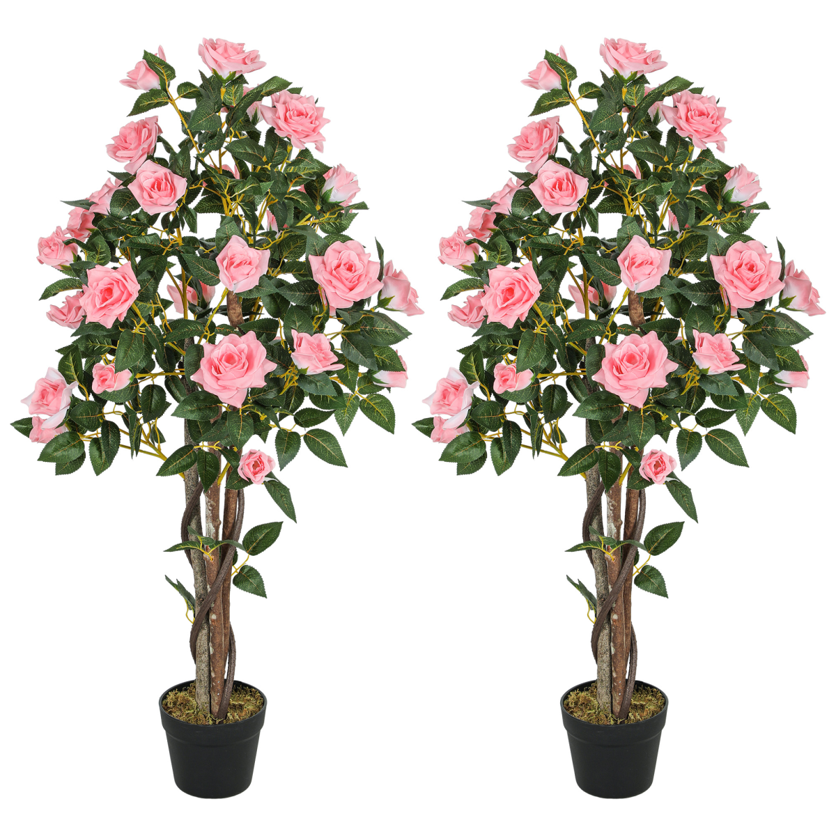 HOMCOM Set of 2 Decorative Artificial Plants Rose Trees in Pot, Pink