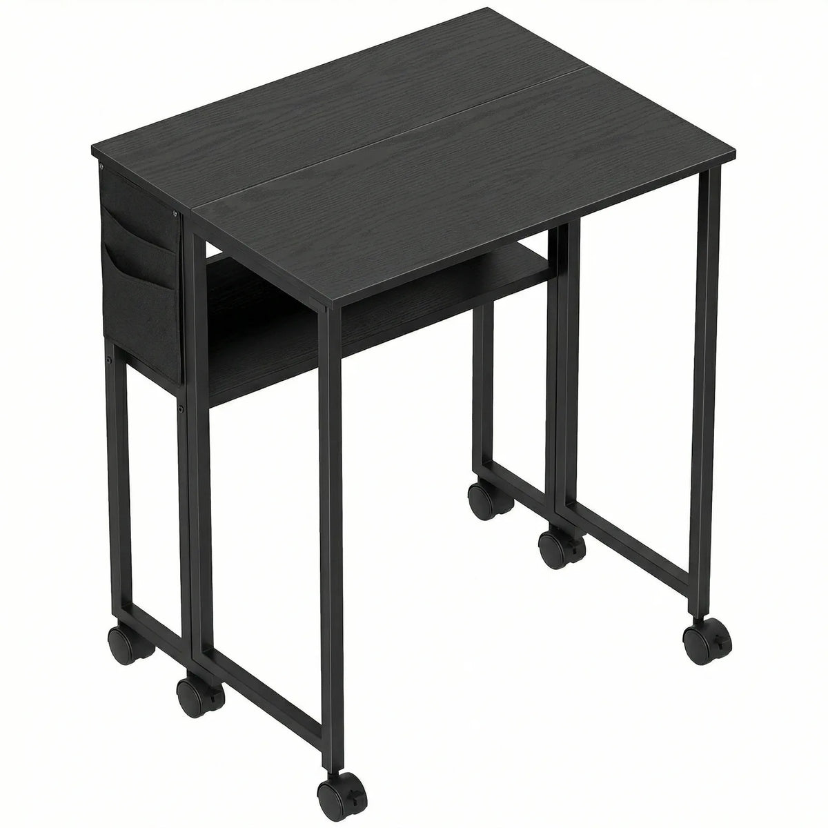 HOMCOM Drop Leaf Writing Desk with Lower Shelf and Wheels – Compact Folding Home Office Table, Black