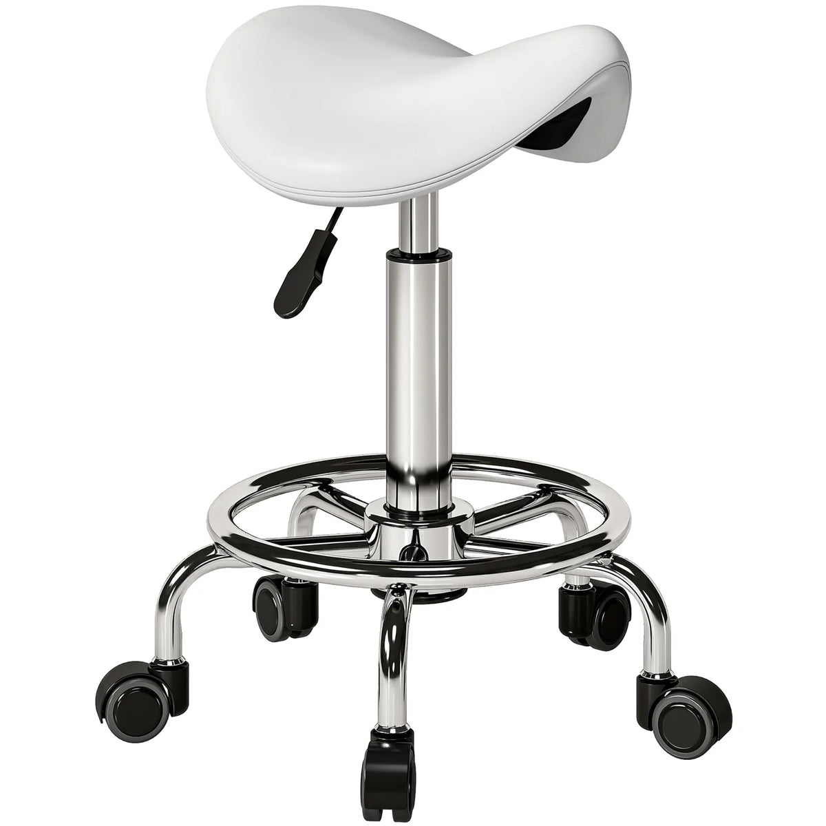 HOMCOM Salon Saddle Stool with Wheels – Adjustable Rolling Chair for Massage, Spa, Beauty and Tattoo, White