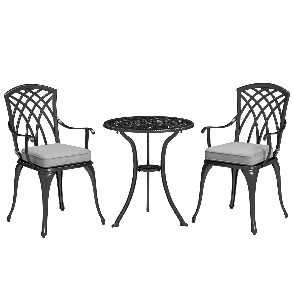 Outsunny 3-Piece Cast Aluminium Bistro Set with Parasol Hole Table & Cushioned Chairs – Garden Patio Furniture, Black