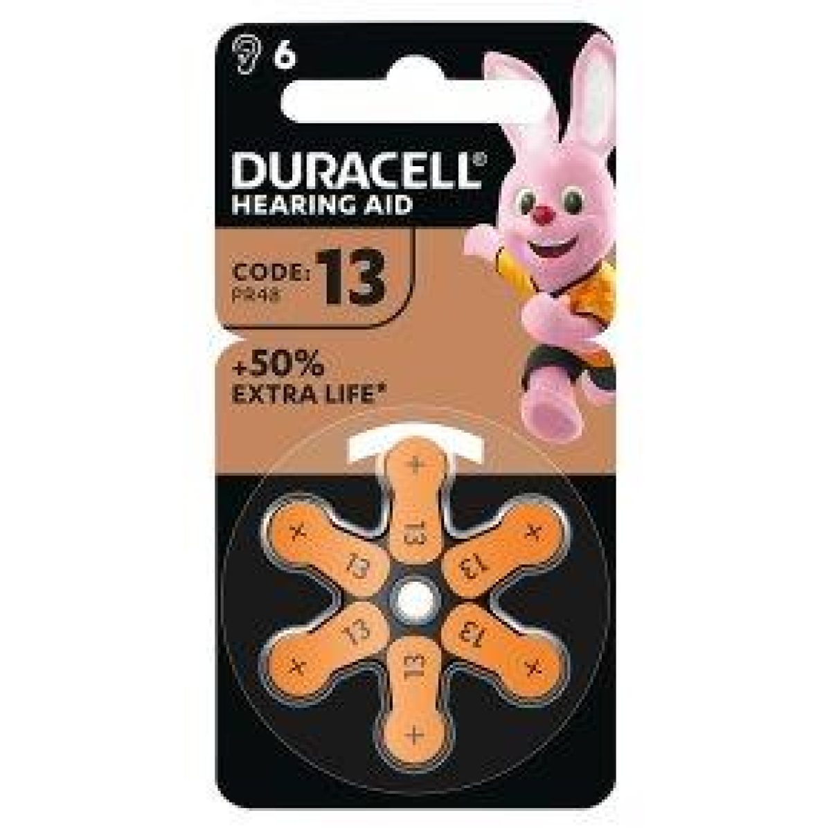 Duracell Hearing Aid Size 13 Batteries – Long-Lasting Power with +50% Extra Life, Pack of 6