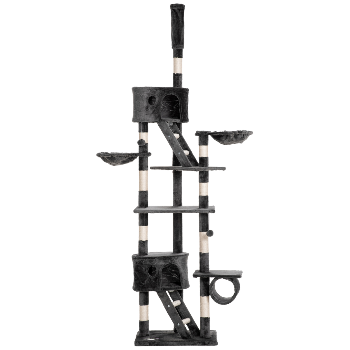 PawHut 240–260cm Floor-to-Ceiling Cat Tree with Houses, Hammocks, Ramps & Scratching Posts – Dark Grey
