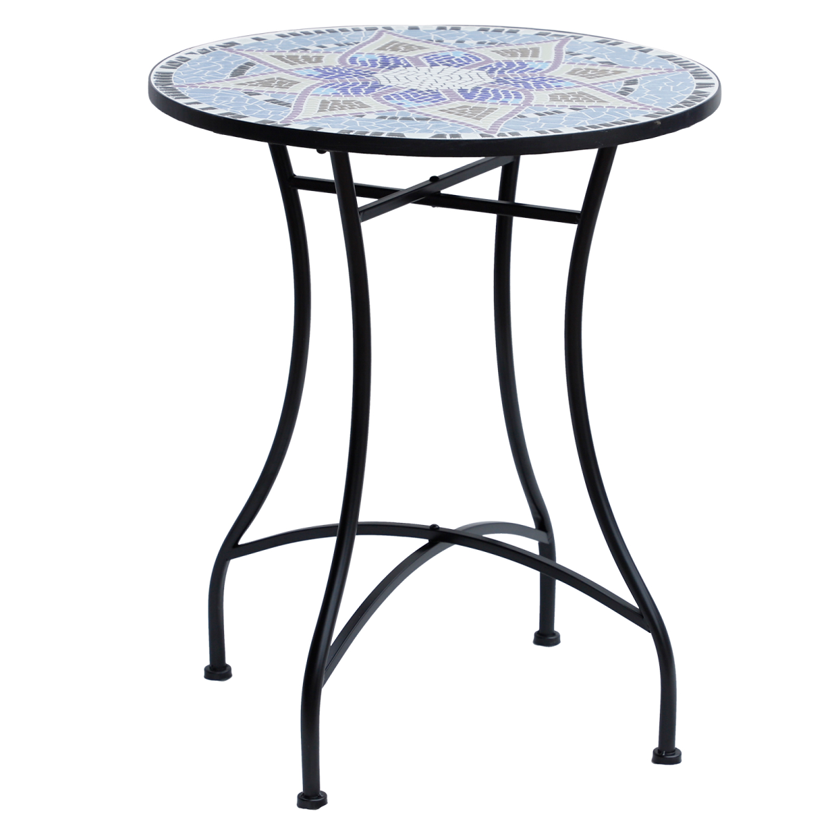 Outsunny Mosaic Round Patio Side Table with Ceramic Top, 60cm – Metal Frame Garden Table, Black/Blue/White