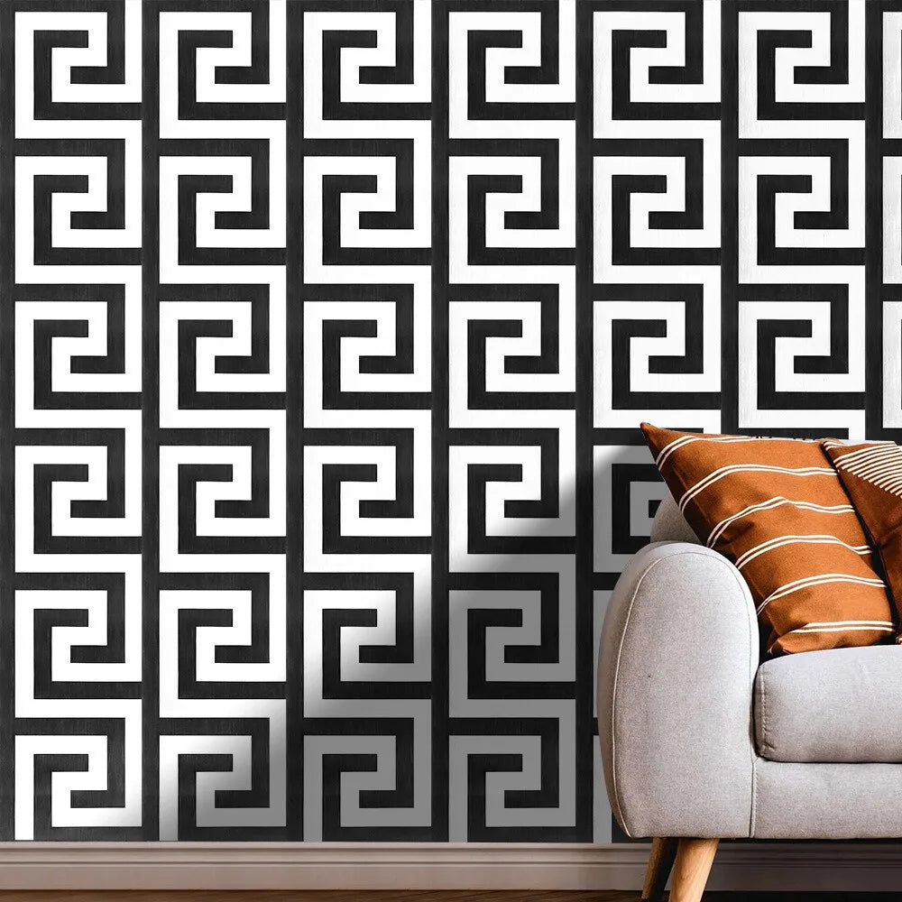 Debona Athena Greek Key Metallic Glitter Wallpaper, White and Black – 10m Roll