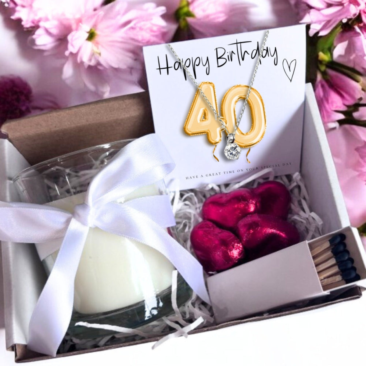 Aye Do Gifts Small 40th Birthday Gold Balloons Hamper with Sterling Silver Charm Necklace, Candle & Chocolates