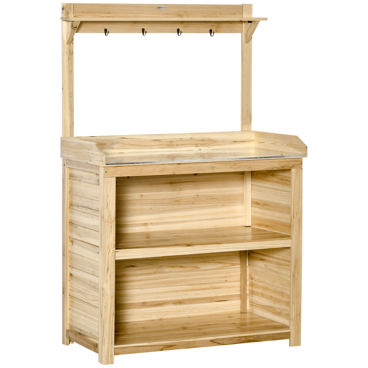 Outsunny Garden Potting Bench Table with Galvanised Metal Top, Storage Shelves & Hooks – Fir Wood Workstation