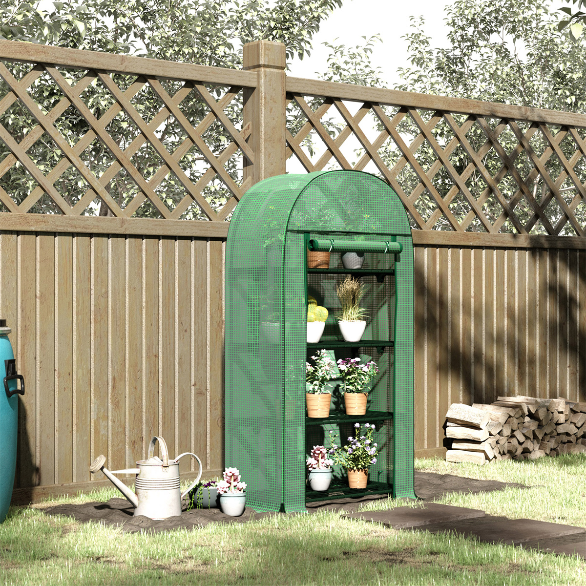 Mini Walk-In Greenhouse with Metal Shelves & Roll-Up Door – Compact Outdoor Plant Growing, Green