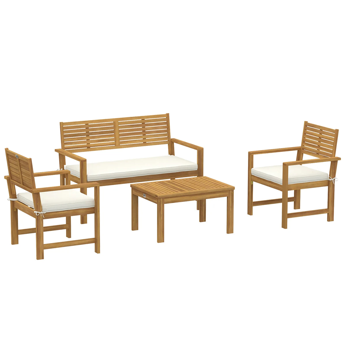 Outsunny 4 Seater Acacia Wood Garden Furniture Set with Loveseat, Armchairs, Table & Cushions – Garden Sofa Set, Cream White