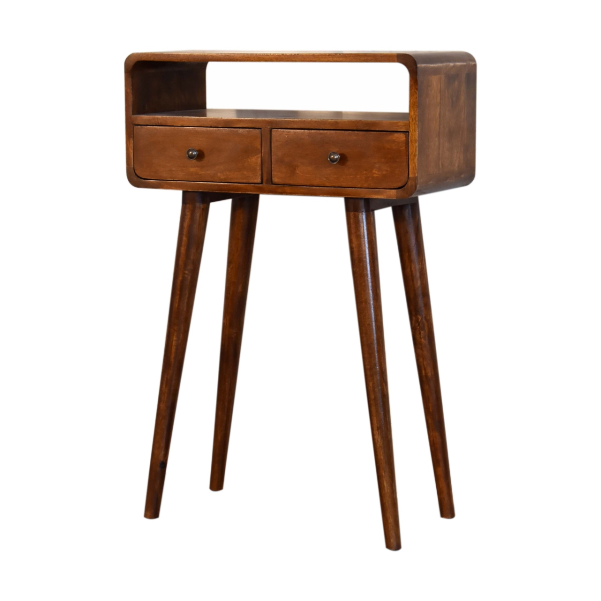Artisan Furniture Solid Wood Mini Curved Console Table with 2 Drawers & Open Slot – Chestnut, Brown