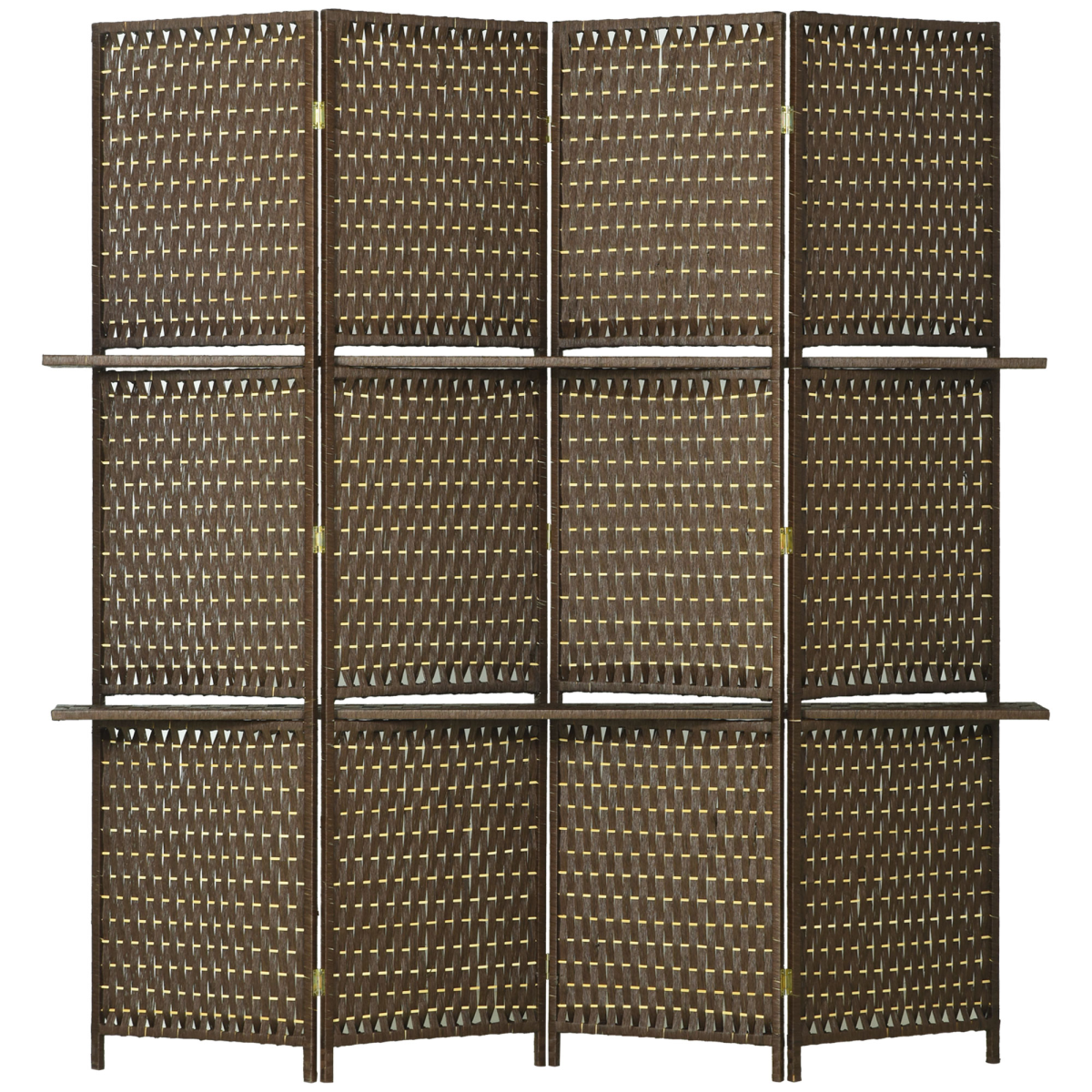 4-Panel Folding Room Divider with Shelves – Woven Wicker Effect Privacy Screen with Wood Frame, Brown