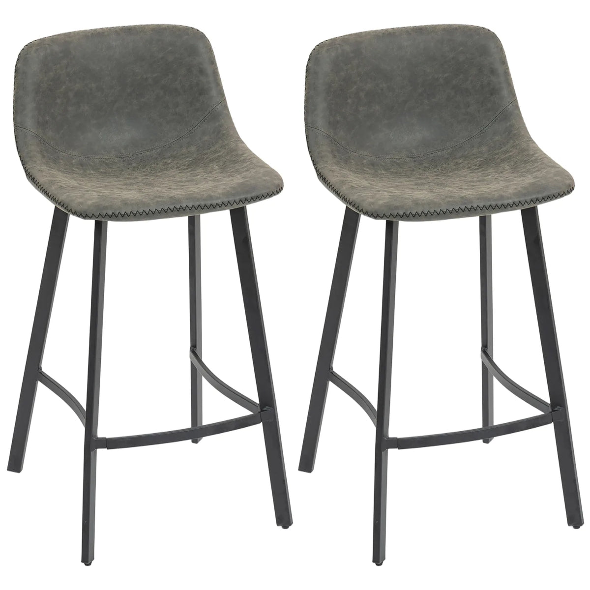 HOMCOM Set of 2 Bar Stools with Backrest & Footrest – PU Leather Kitchen Counter Breakfast Bar Stools, Grey