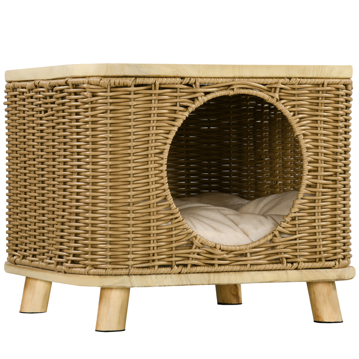 PawHut Elevated Wicker Cat House with Soft Cushion & Door Hole – Cosy Indoor Cat Bed, Light Brown