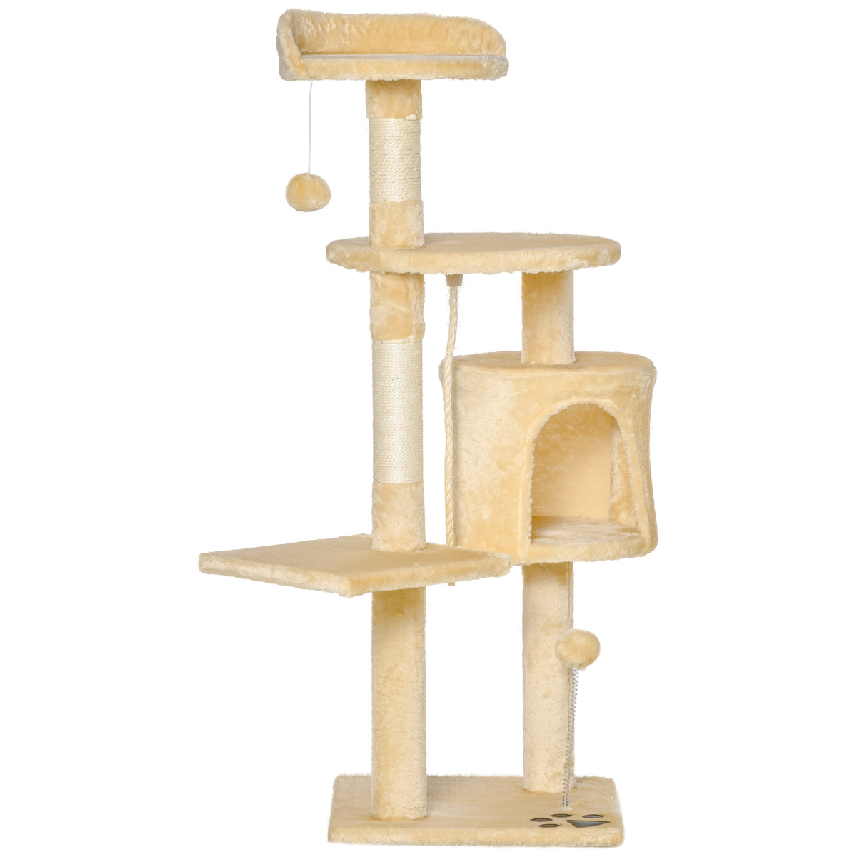 Pawhut 114cm Four-Tier Cat Tree with Sisal Posts, Condo and Dangling Toys – Indoor Activity Centre, Beige