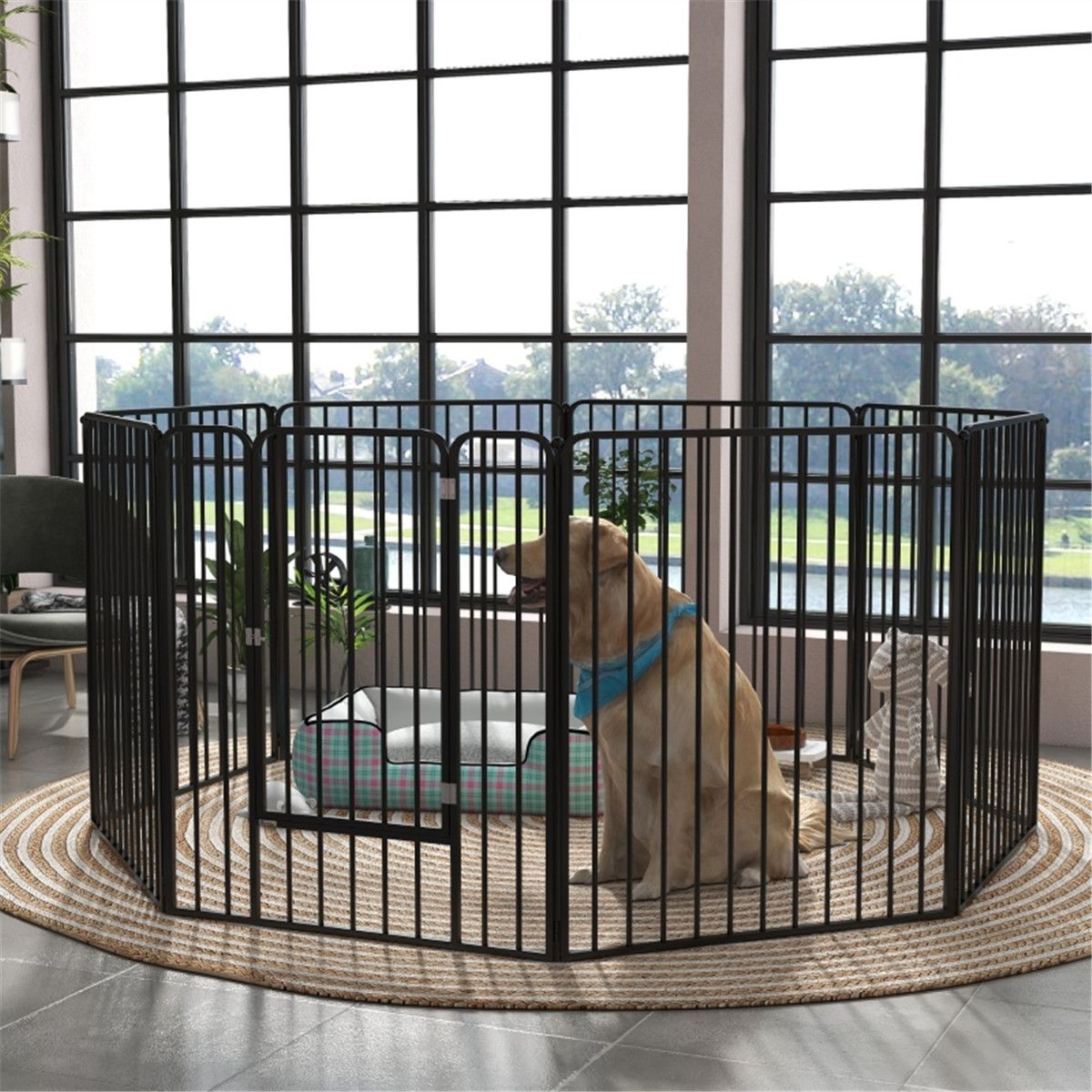Steel Dog Crate Playpen with 8 Reshapeable Panels and 9 Ground Stakes – Indoor and Outdoor Pet Pen, Black