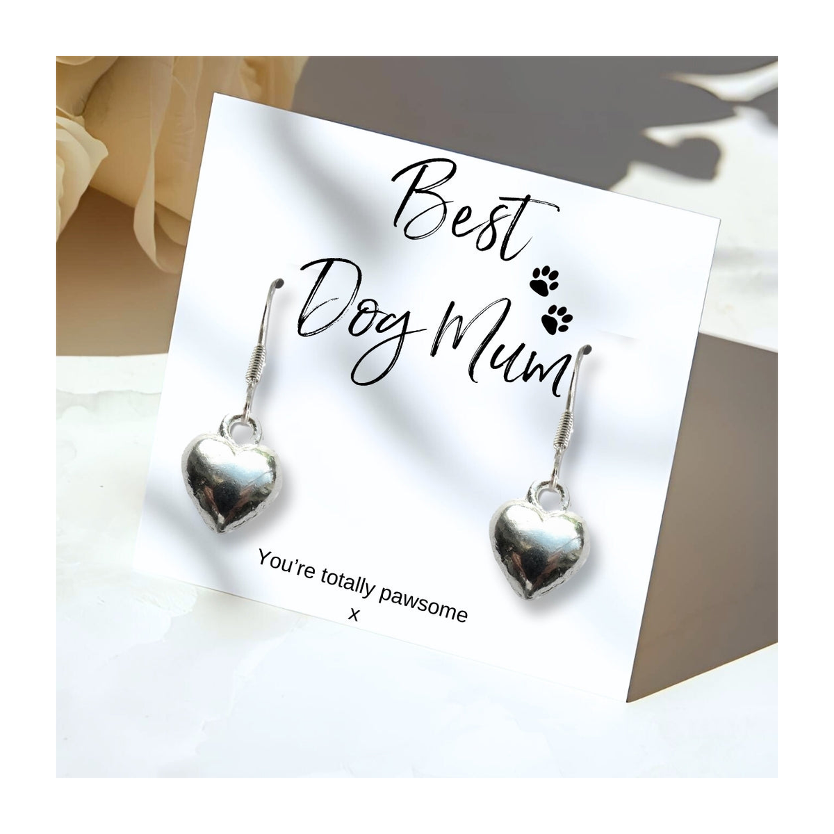 Best Dog Mum Silver-Plated Heart Earrings with Message Card – Dog Lover Gift in Black Gift Box