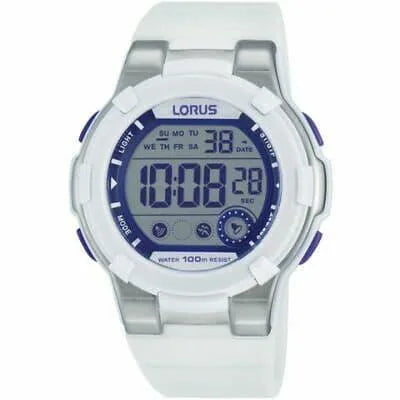 Lorus Sports Chronograph Digital Watch – White Resin Strap, Day/Date, 100m Water Resistant, R2359KX9 (Needs Battery)