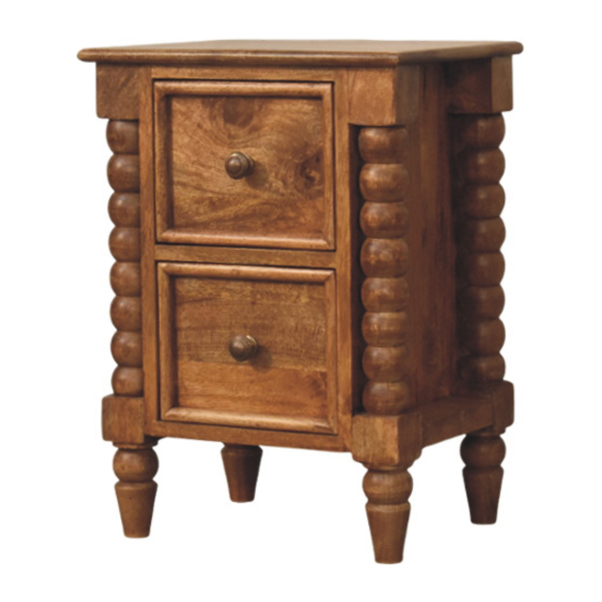 Artisan Furniture Solid Mango Wood Barley Twist Bedside Table, 2 Drawers – Classic Bedroom Storage, Amber Oak
