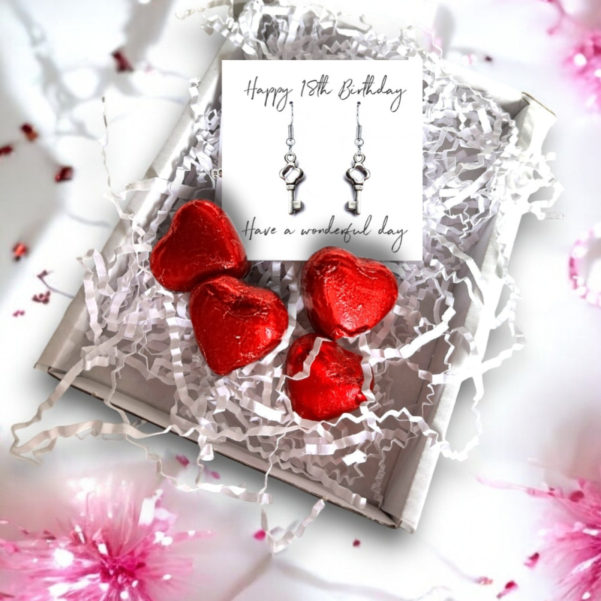 Aye Do Gifts Happy 18th Birthday Key Charm Drop Earrings Mini Gift Hamper with Message Card & Chocolates