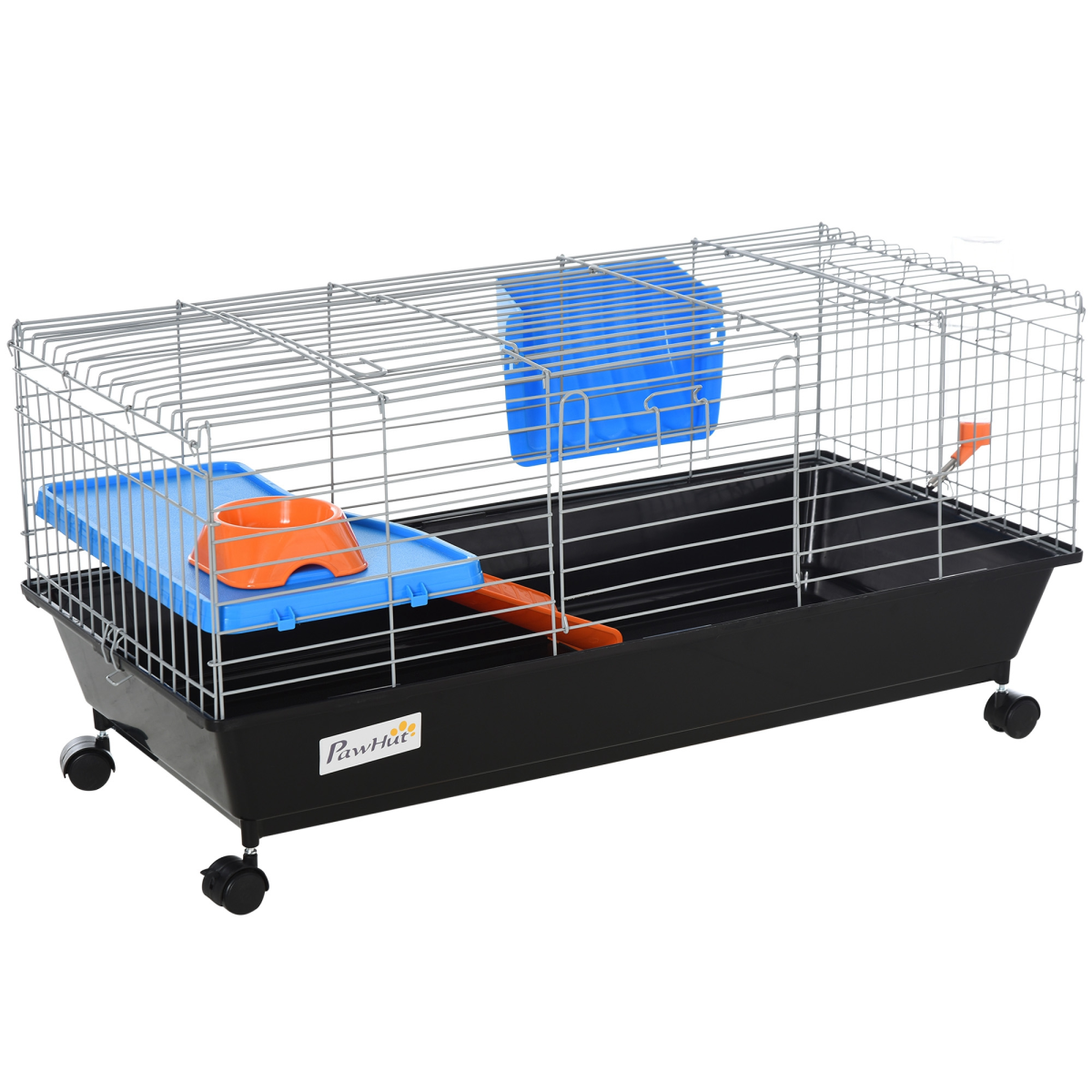 Pawhut 89cm Small Animal Cage with Lockable Wheels, Platform & Ramp – Rabbit, Ferret & Chinchilla Home, Black