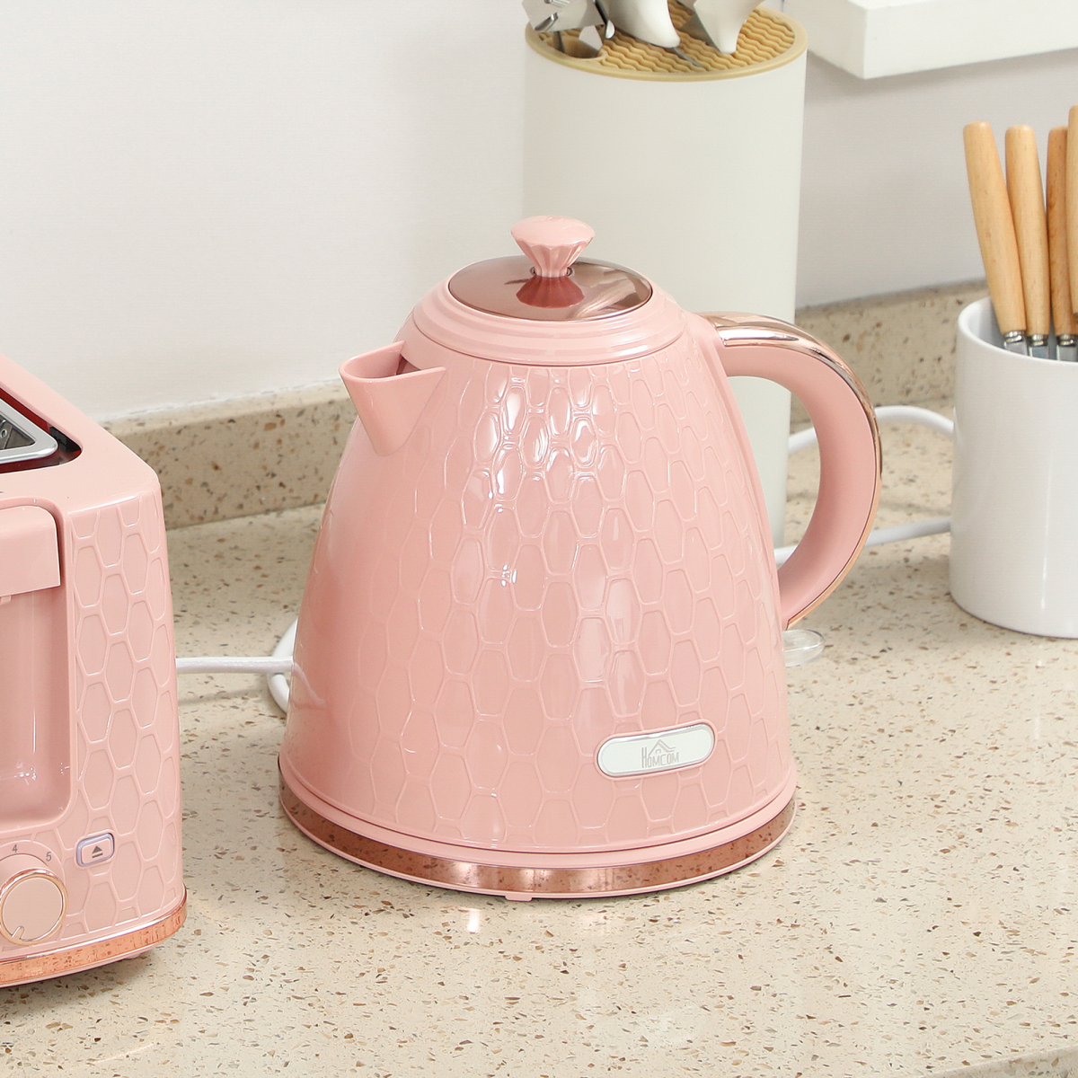 Kettle and 2-Slice Toaster Set with 1.7L Fast Boil Kettle & 7 Browning Levels – Honeycomb Design, Light Pink