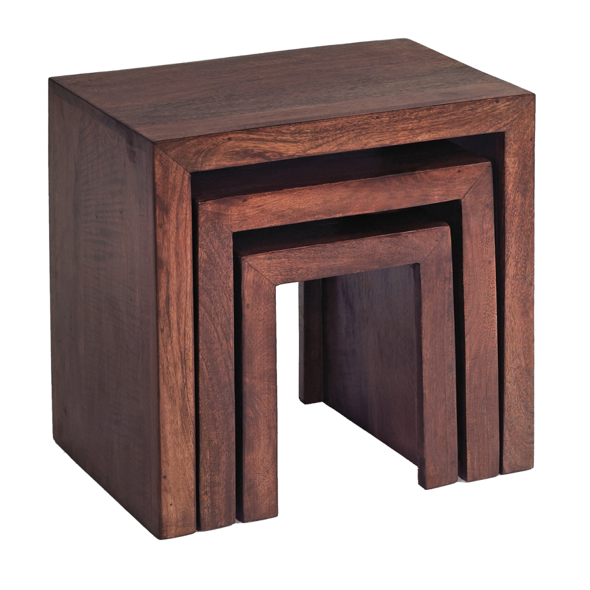 Indian Hub Toko Dark Mango Wood Nest of 3 Tables – Dark Walnut Stain with Matching Wooden Handles