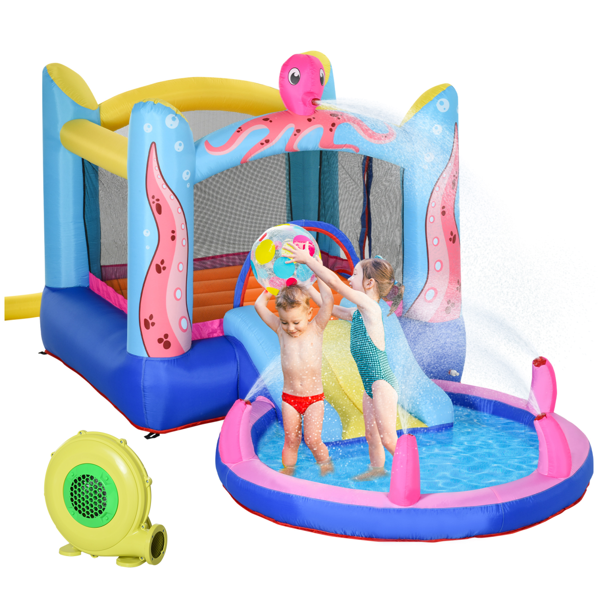 Outsunny Bouncy Castle with Slide, Water Pool, Trampoline & 5 Sprayers – Kids Garden Inflatable with Blower