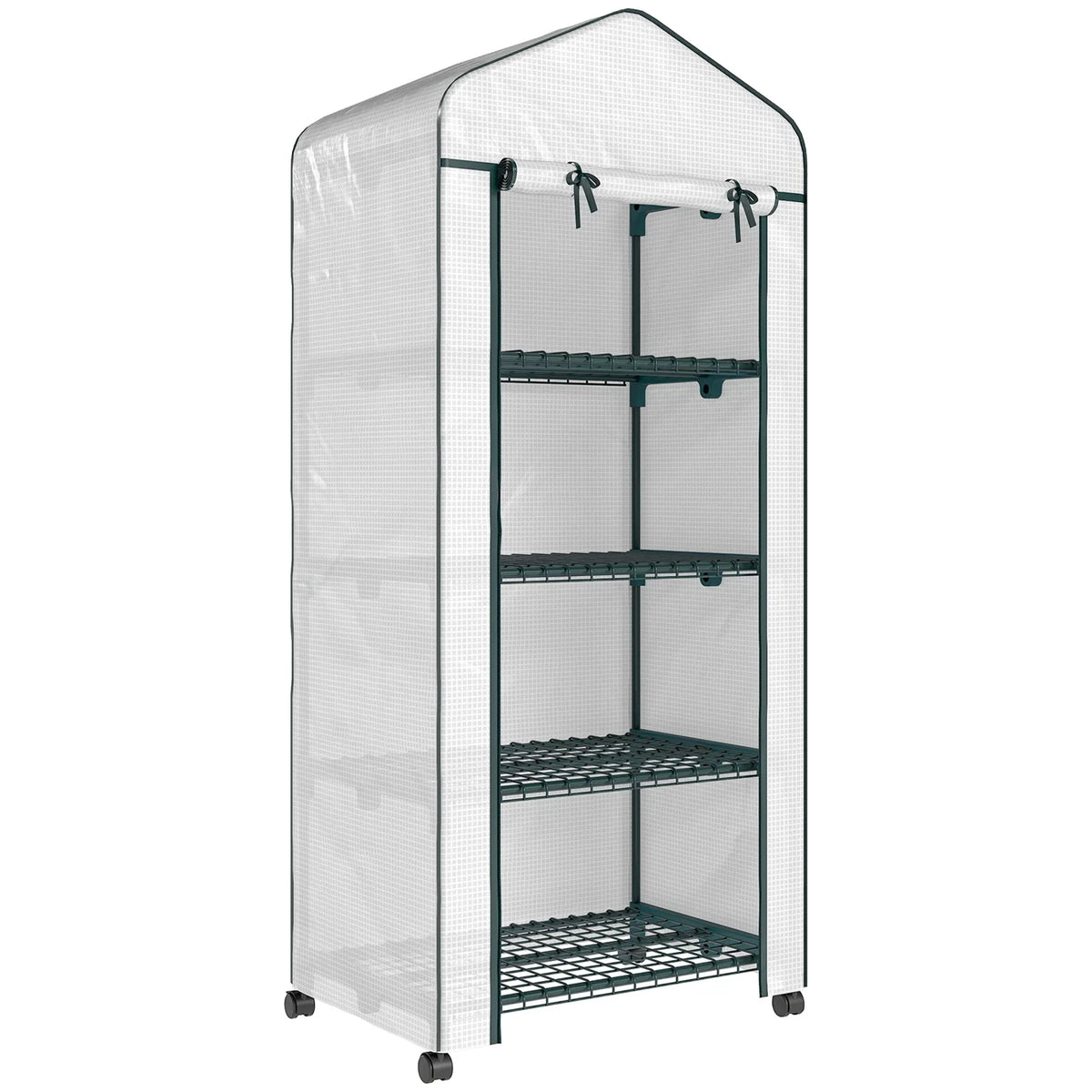 Outsunny 4 Tier Mini Portable Greenhouse with PE Cover & Lockable Wheels – Compact Plant Grow Shed, White