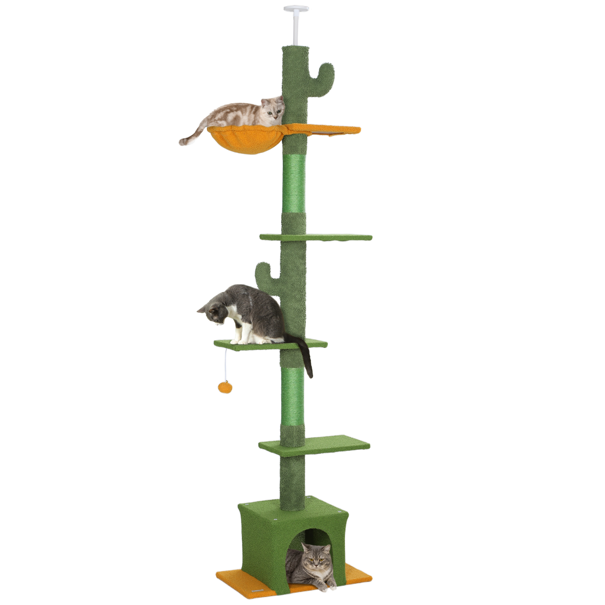 PawHut 230-275cm Floor-to-Ceiling Cat Tree for Indoor Cats with Cat House, Hammock & Anti-Tip Kit – Green
