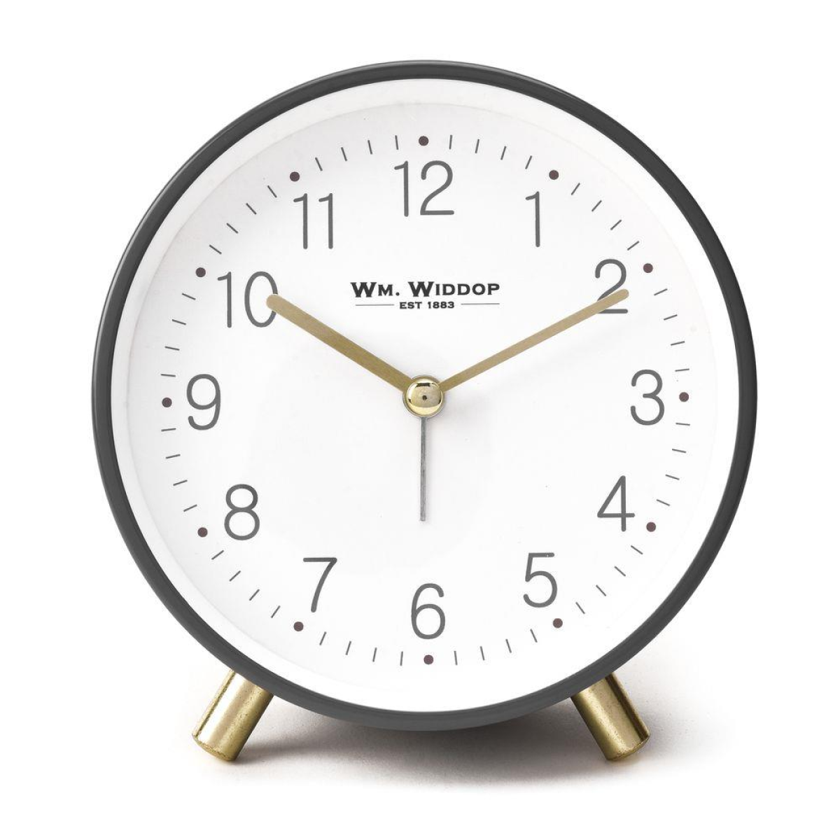 William Widdop Alarm Clock with Satin Gold Metal Legs, Light & Snooze – Matt Grey Round Quartz Clock
