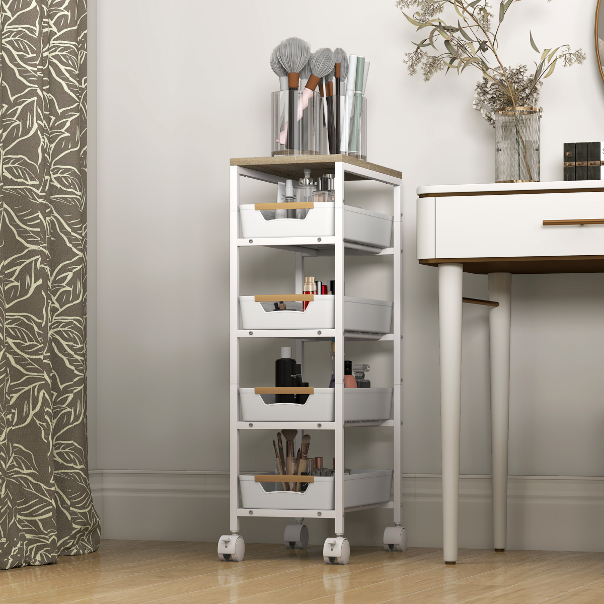Slim 5-Tier Storage Trolley with 4 Drawers and Wheels – Rolling Organiser Cart, White and Oak