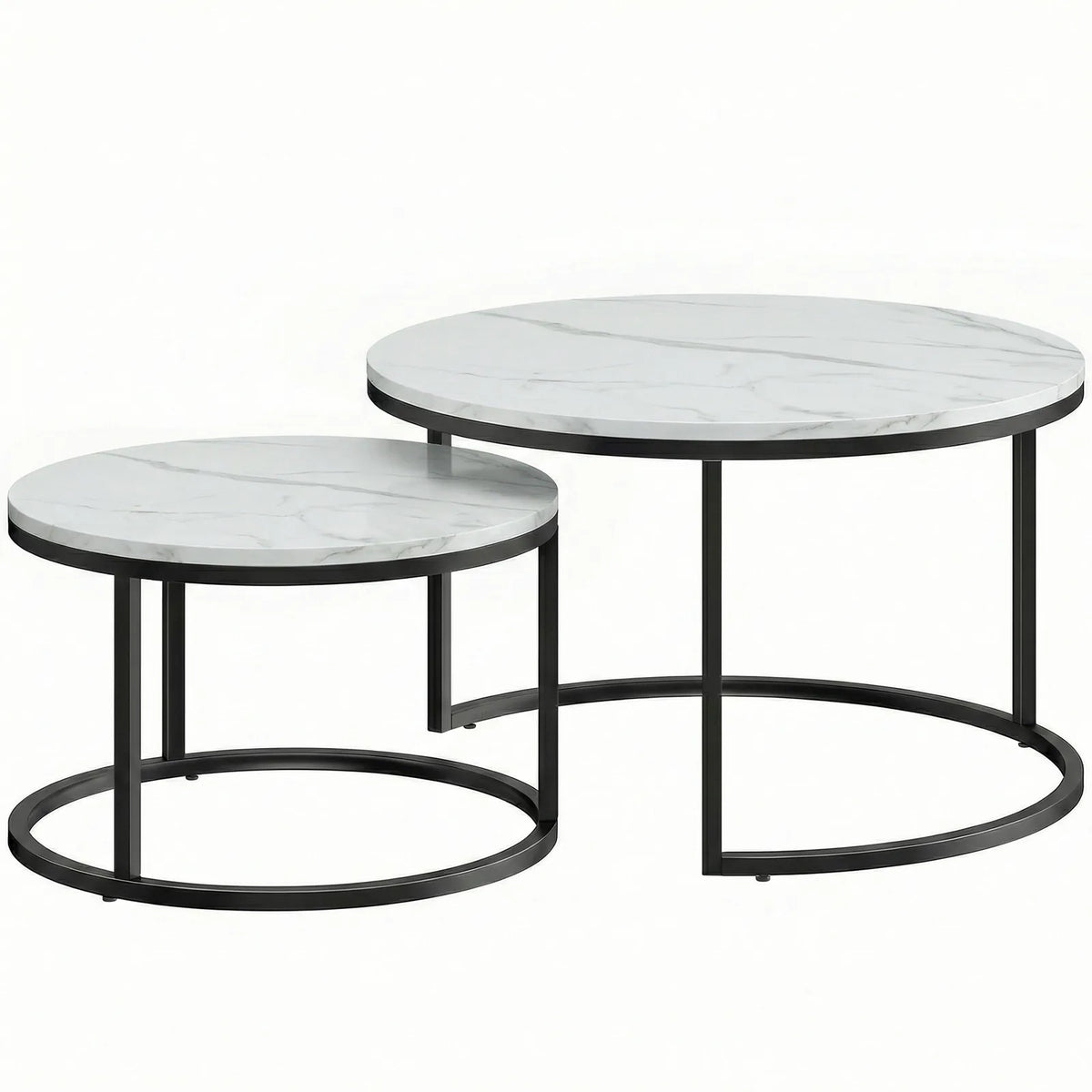 HOMCOM Set of 2 Round Nesting Coffee Tables with Marble-Effect Top – Space-Saving Stacking Tables, White