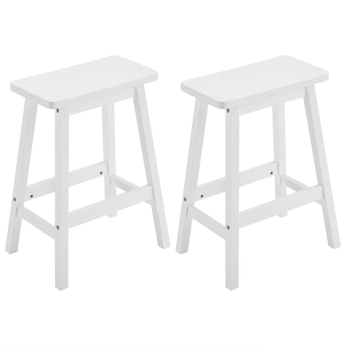 Set of 2 Pine Wood Saddle Seat Bar Stools with Footrests – Counter Height Kitchen and Home Bar Seating, White
