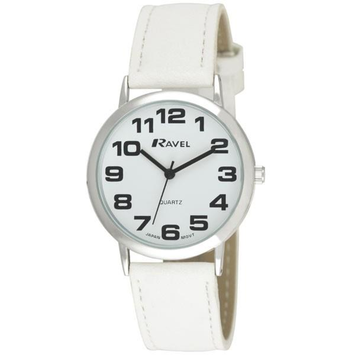 Ravel Unisex Classic Big Dial Watch with White Faux Leather Strap and Japanese Quartz Movement (R0105.13.4A)