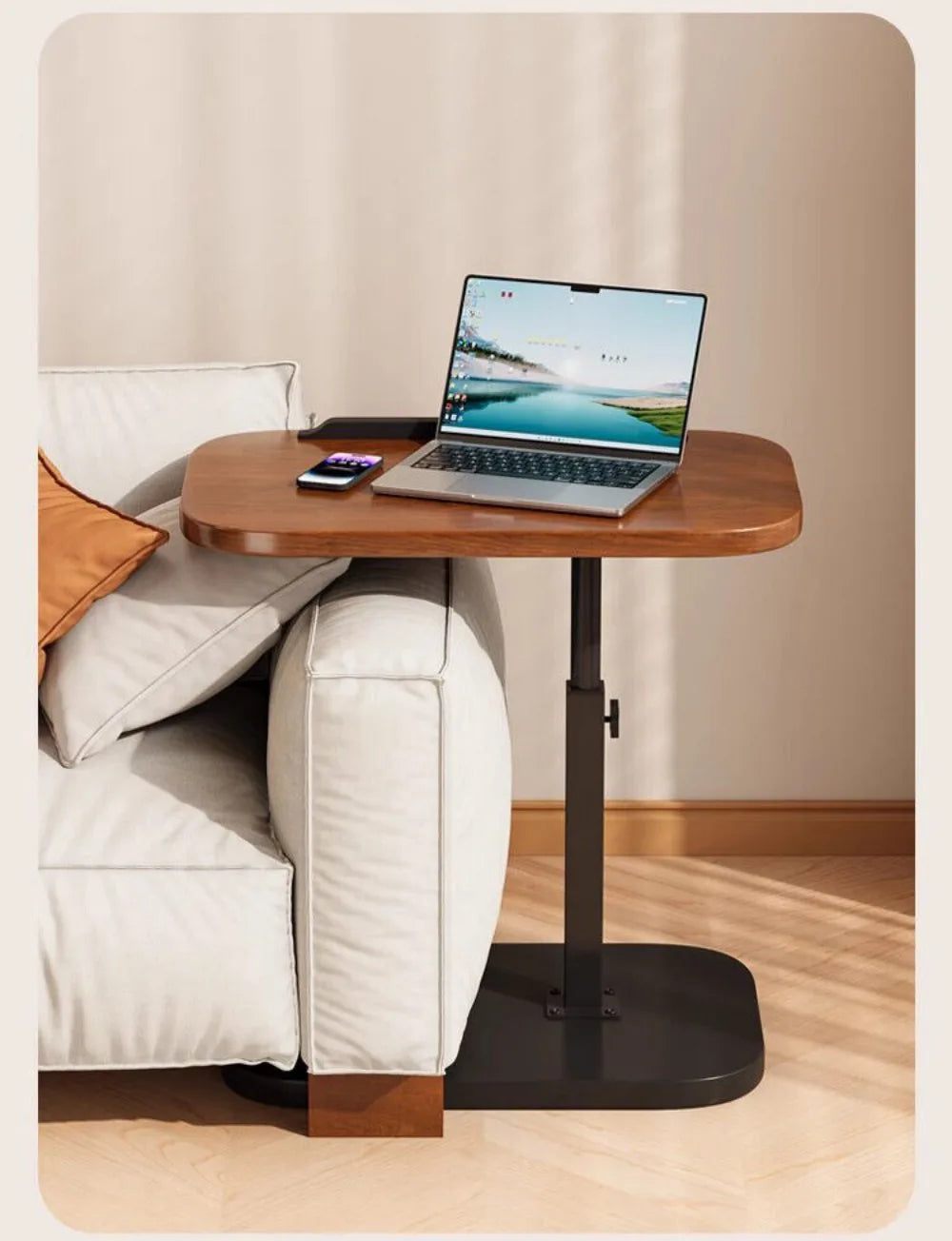 C-Shaped Adjustable Sofa Side Table with Tilting Top – Height 45–80cm Laptop Table, Walnut
