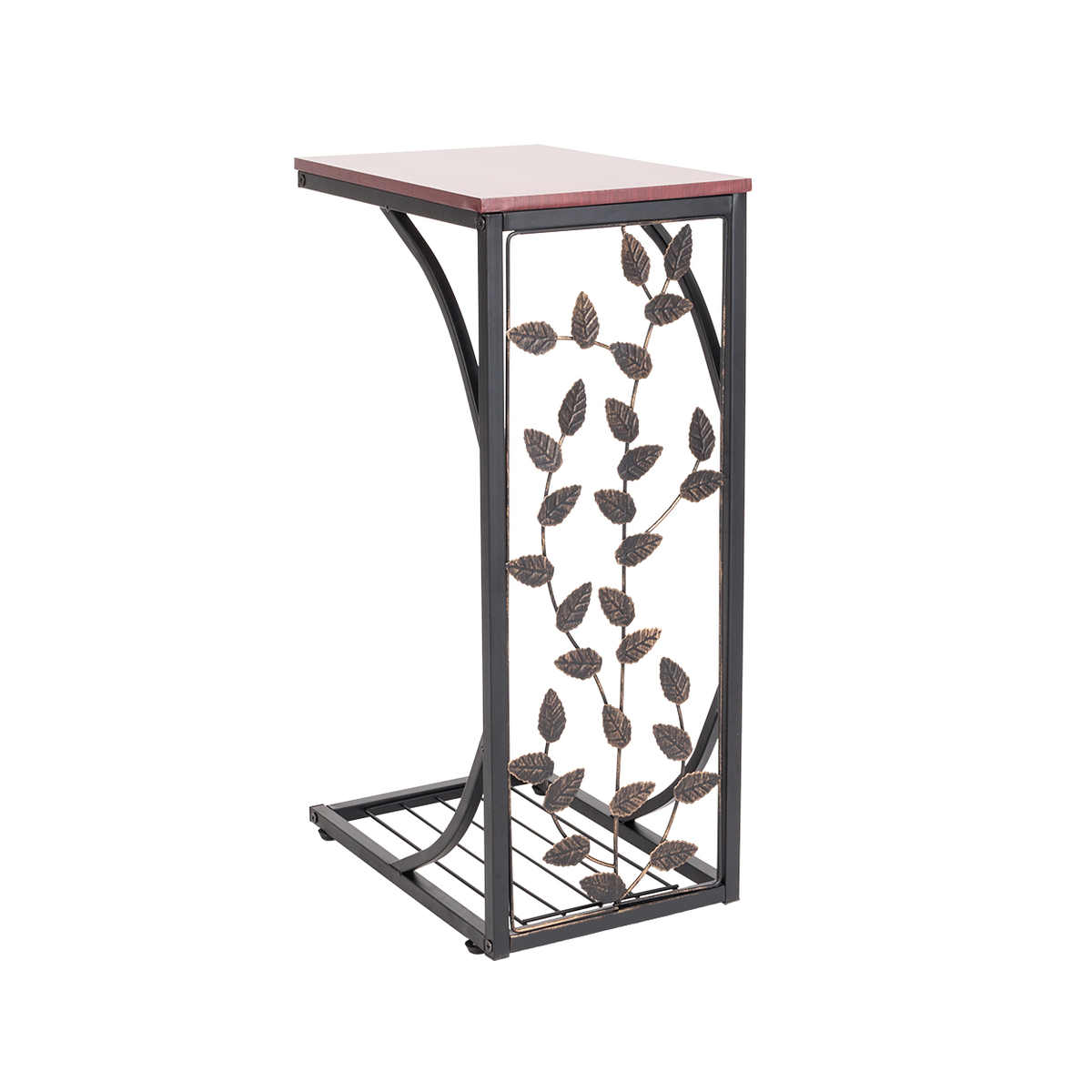 Leaf Pattern Iron Side Table with MDF Top – Compact Coffee & End Table for Small Spaces, Brown & Gold