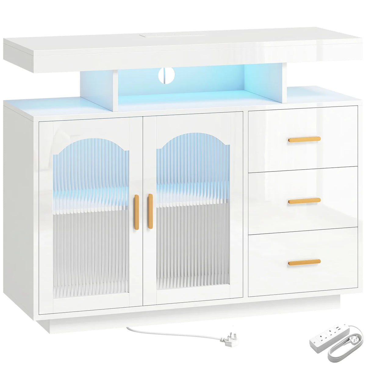 HOMCOM High Gloss Sideboard with RGB LED Lights, Power Outlets, 3 Drawers and Acrylic Doors, White