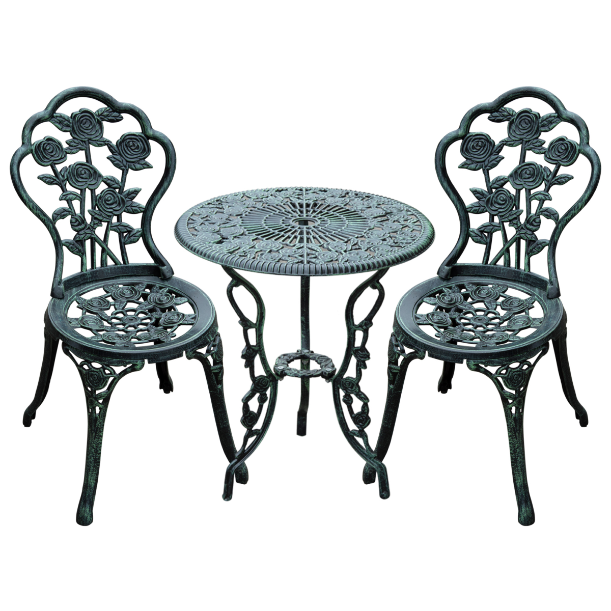 Outsunny 3-Piece Cast Aluminium Bistro Set with Parasol Hole – Antique-Style Garden Table & 2 Chairs, Green