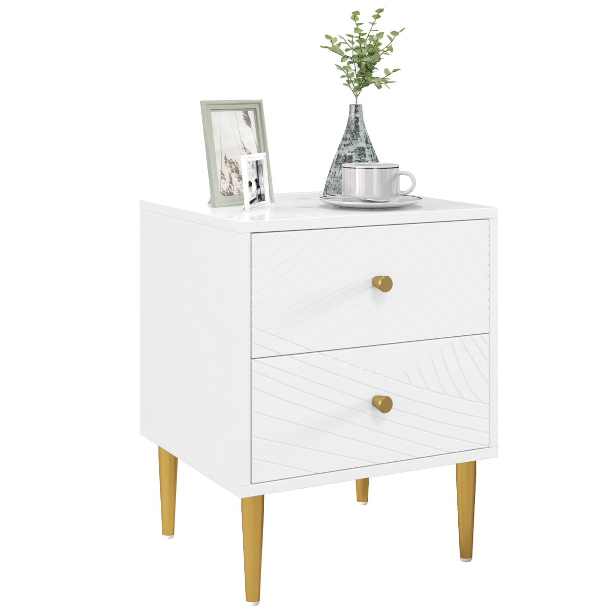 HOMCOM White Bedside Table with 2 Storage Drawers & Gold Tone Handles – Nightstand with Metal Legs