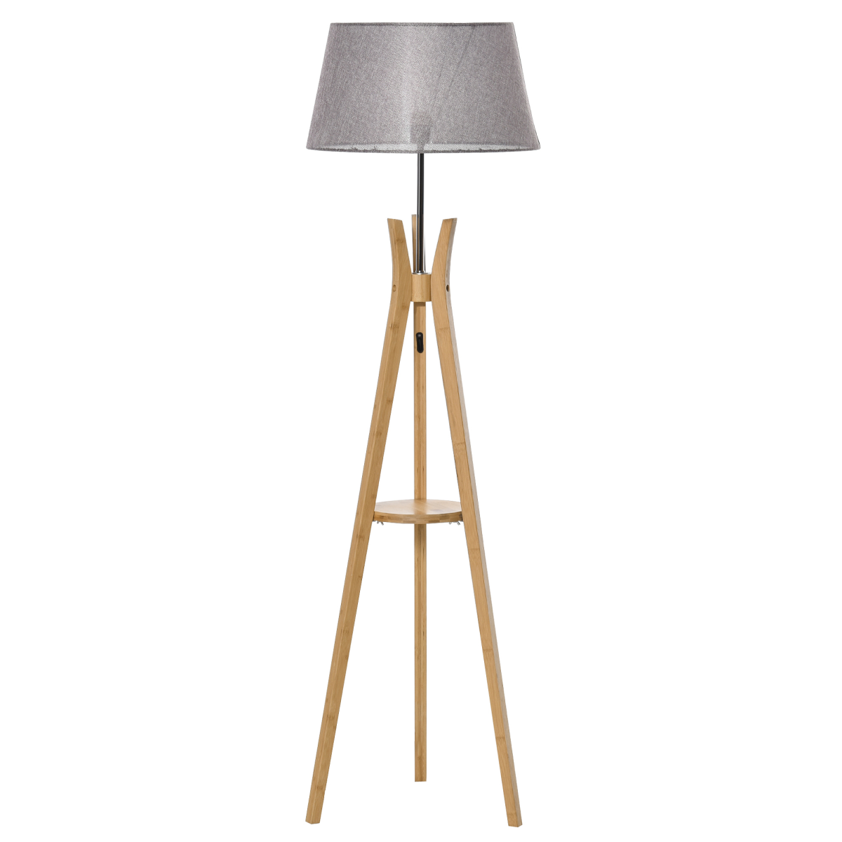 HOMCOM grey tripod floor lamp with fabric shade and shelf