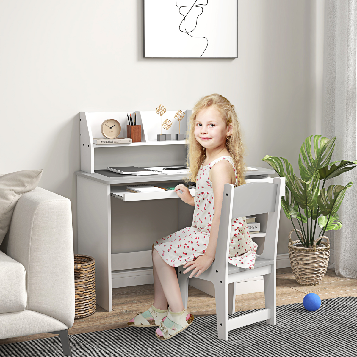 Kids Study Desk and Chair Set with Storage Shelves, Drawer & Keyboard Tray – Children's Desk for Ages 5–8, Grey