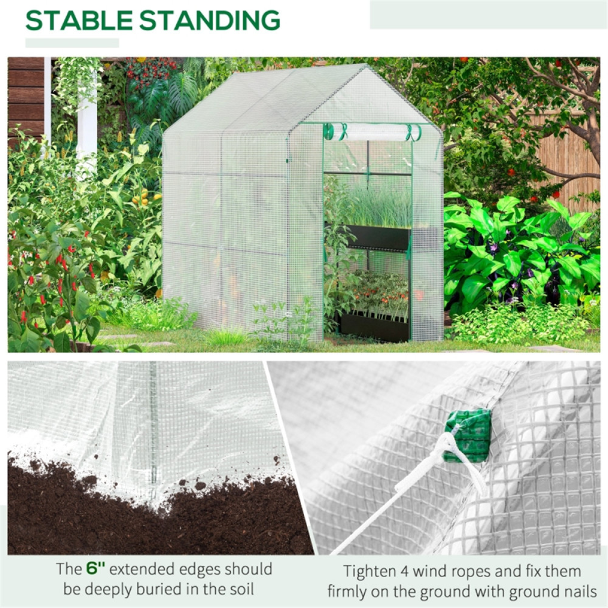 Walk-in Greenhouse with 4 Wire Shelves & Zipped Roll-up Door – Steel Frame Grow House, White Cover & Green Frame