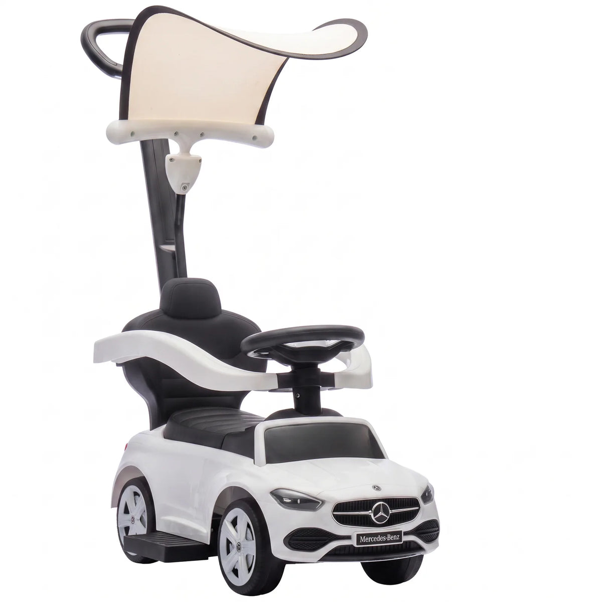 AIYAPLAY 4 in 1 Licensed Mercedes-Benz Ride On Push Car with Canopy, Guardrails, Horn and Music – 12–36 Months, White