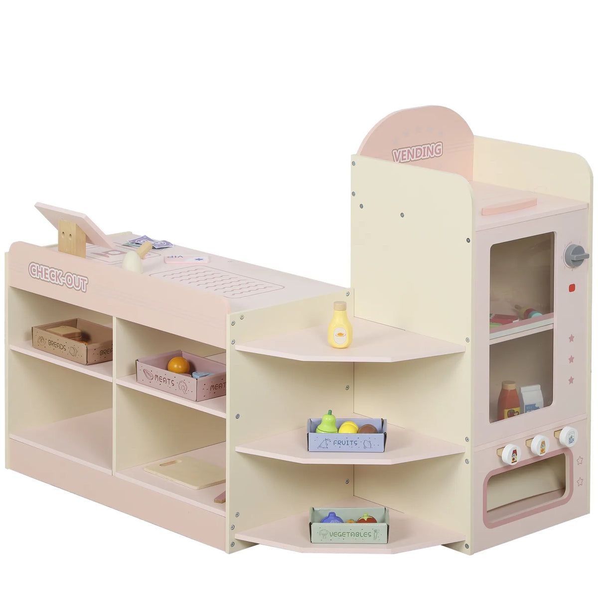 AIYAPLAY Kids Grocery Store Playset with Cash Register, Vending Machine & Shelves – Pretend Supermarket