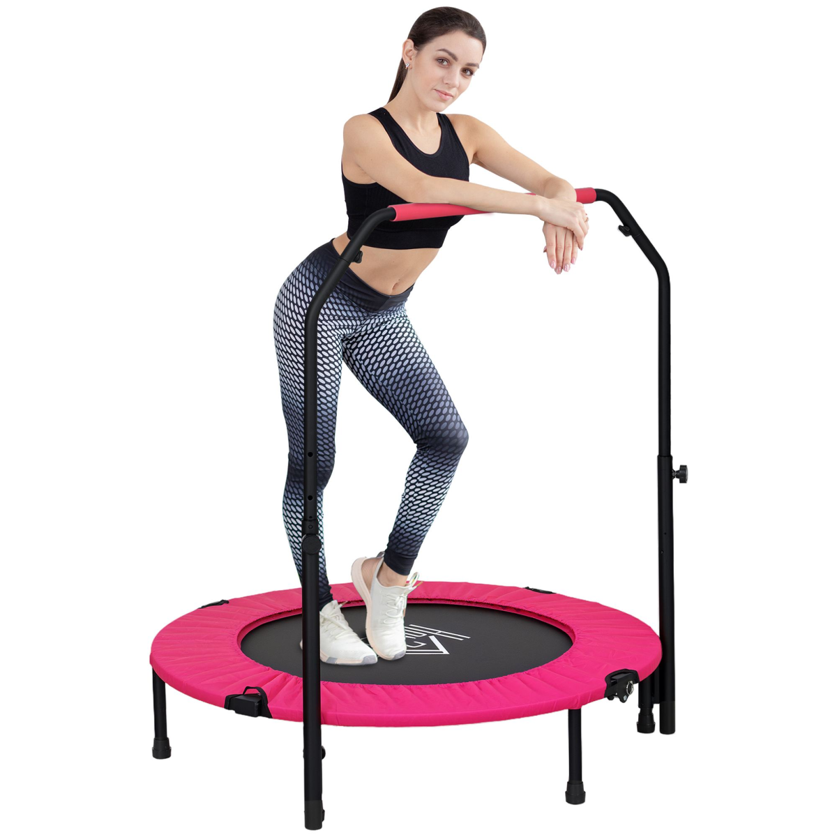 HOMCOM 40" Foldable Mini Fitness Trampoline with Foam Handle – 4-Level Adjustable Rebounder, Pink