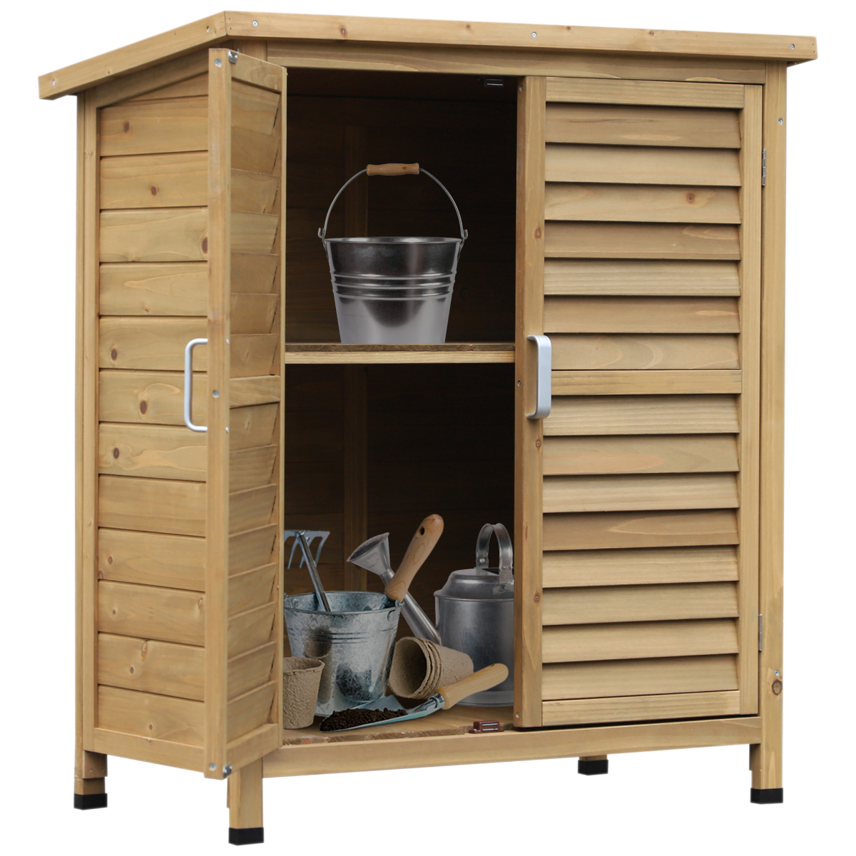 Outsunny Fir Wood Garden Storage Cabinet with 2 Shelves, Shutter Doors & Felt Roof – Outdoor Tool Store